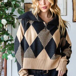 Free People Black and Tan Argyle Turtleneck Sweater